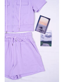 Fine Flap Pocket Top With Cap & Pants Set (Pastel Purple)（Wong angnes）